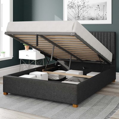 Grant Herringbone Twill Storage Ottoman Bed with Vertical Upholstered Headboard ASPIRE