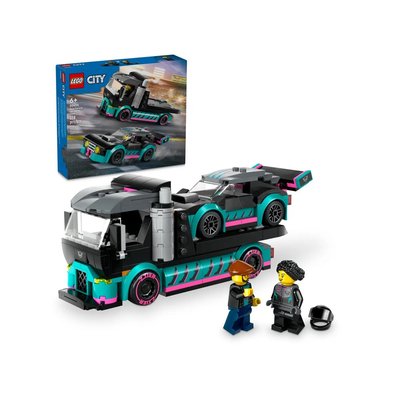 La voiture de course et le camion de transport de voitures LEGO