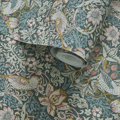 Strawberry Thief Slate/blush Wallpaper WILLIAM MORRIS BY CLARKE & CLARKE