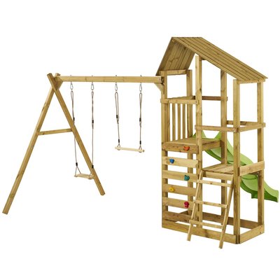 Tour de jeux en bois WOUPI – Balançoire, trapèze, toboggan, mur escalade, cabane KANGUI