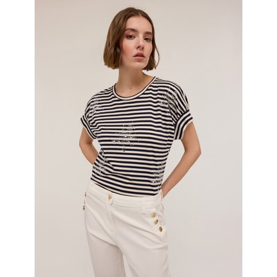 T-shirt a righe in jersey di cotone con applicazione di strass e pietre crystal MOTIVI