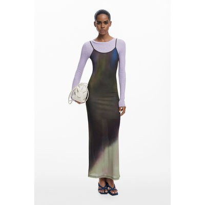 Robe Desigual Femme Taille M, Bleu Dégradé, Coupe Trapèze Mi-longue, Manches Courtes