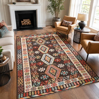 Tapis kilim au motif ethnique, tissé plat en laine, KILIM 32 UN AMOUR DE TAPIS