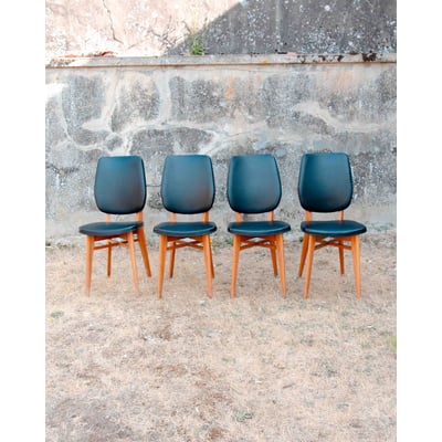 Lot de 4 chaises en skaï et hêtre Alma N°1745 - Bon état DEBONGOUT