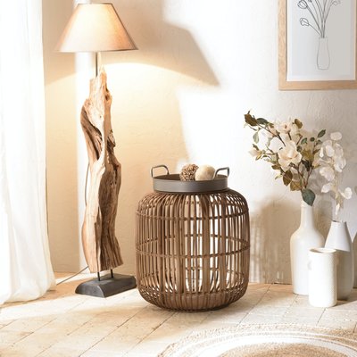 Bout de canapé forme lanterne en rotin marron plateau métal PIER IMPORT