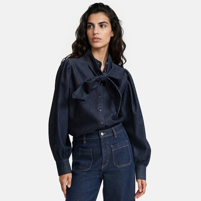 Chemise en denim, col mao, lavallière amovible LA REDOUTE COLLECTIONS