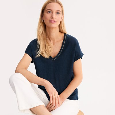 T-shirt de linho com decote em V e mangas curtas ANNE WEYBURN