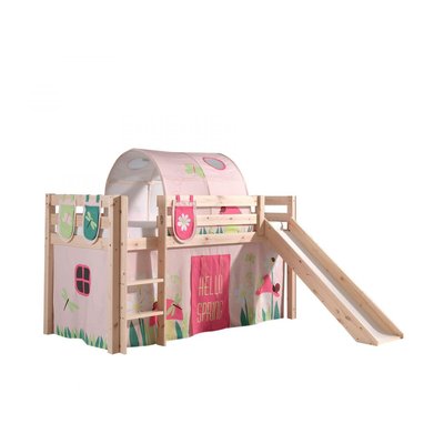 PINO Lit Compact avec Toboggan Pin Massif + rideau, tunnel de lit et 3 pochettes Spring VIPACK