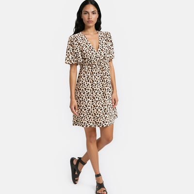 Robe courte col V manches courtes imprimé léopard  LA REDOUTE COLLECTIONS