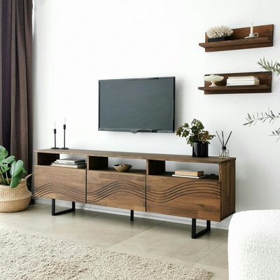 Meuble TV bois brun motif vague avec 2 étagères JACA PIER IMPORT