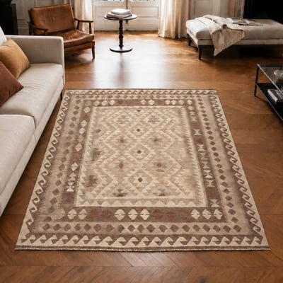 Tapis kilim au motif ethnique, tissé plat en laine naturelle UN AMOUR DE TAPIS