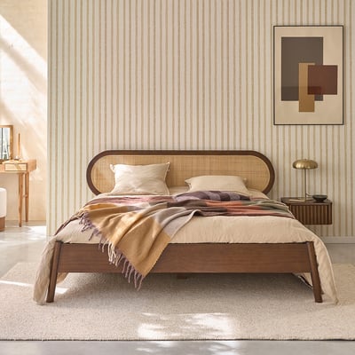 Lit en bois massif et cannage finition noyer 160 cm avec sommier  LILA BERAH GETAH