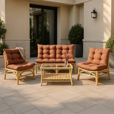 Salon de jardin en rotin avec coussins terracotta  RATTAN MADE IN MEUBLES 