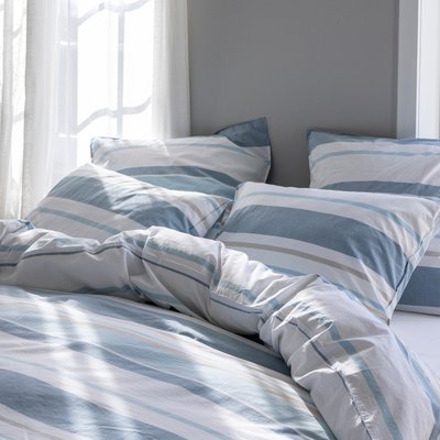 Taie d'oreiller en percale de coton lavé, HORIZON BAYADÈRE BLANC CERISE