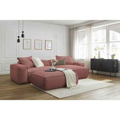 Canapé d'angle fixe 3 places en velours côtelé avec pouf, BOHEME BOBOCHIC