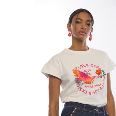 T-shirt coton coupe droite brodé à motif tropical LOLA CASADEMUNT
