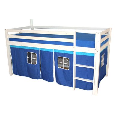 Lit Simple Blanc 90x200 en hauteur avec echelle et rideau bleu HOMESTYLE4U