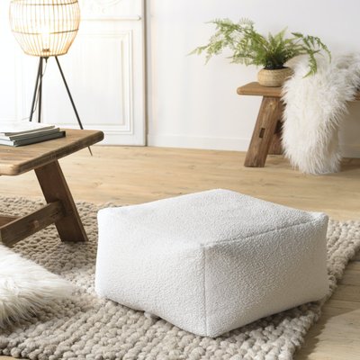 Pouf de salon carré blanc tissu bouclettes TIM PIER IMPORT