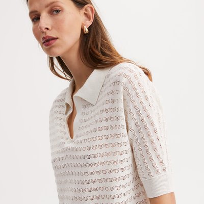 Camisola com gola polo em malha ajurada, maioritariamente em linho ANNE WEYBURN