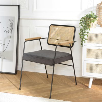 Fauteuil métal dossier rotin assise tissu anthracite TIM PIER IMPORT
