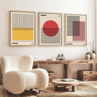 Tableau abstrait – style Bauhaus, cadre bois (lot de 3) PIER IMPORT