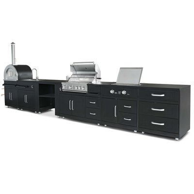 Cuisine d'extérieur en acier noir 6 éléments avec module cuisson, MEMPHIS OVIALA