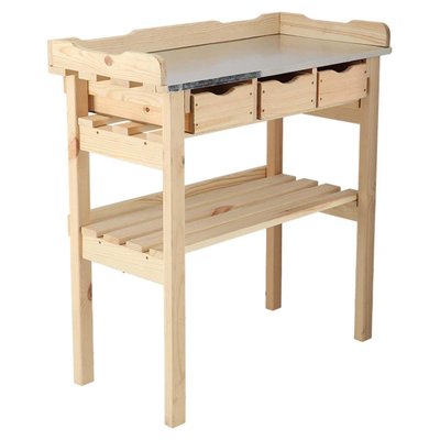 Table à rempoter en pin avec plateau zinc 3 tiroirs JARDINDECO
