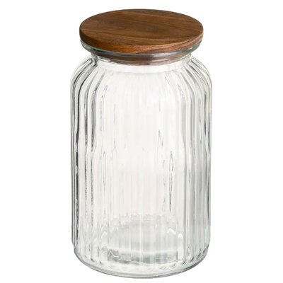 Bocal cuisine en verre strié avec bouchon bois 1200ml WADIGA