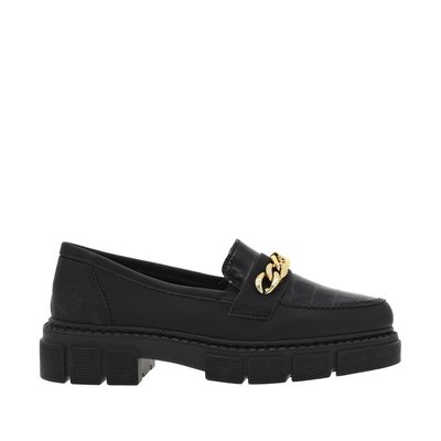 Mocassins noirs à semelle bloc avec petits soufflets élastiqués et chaîne métallique dorée sur l'empeigne RIEKER