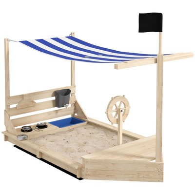 Bac à sable bateau de pirate en bois avec jeu de cuisine et 6 accessoires OUTSUNNY
