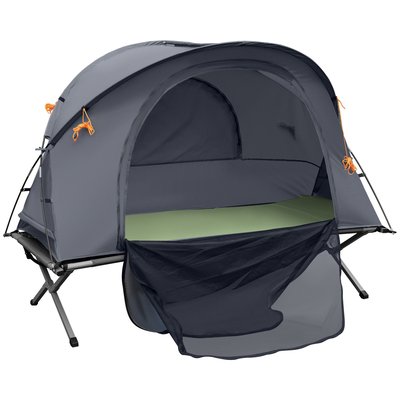 Ensemble tente de camping 3 en 1 avec lit de camp, tente, matelas gonflable gris OUTSUNNY