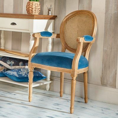 Fauteuil de table en hévéa, cannage et velours MEDAILLON ROBIN DES BOIS