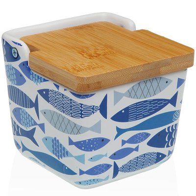 Pot à sel en céramique et couvercle bambou poissons bleus 9x9x8.5cm VERSA