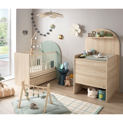 Pack chambre bébé évolutif – lit bébé 120x60 transformable en 90x190 + commode à langer évolutive en bureau SAUTHON