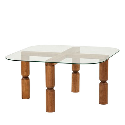 Table basse carrée en verre trempé et bois 80x80cm- COLONIA DRAWER