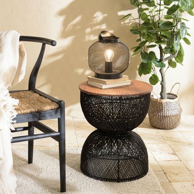 Bout de canapé rond en rotin noir plateau bois 41 cm SWING PIER IMPORT