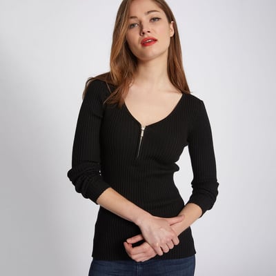 Zipped V-Neck Jumper in Ribbed Knit MORGAN