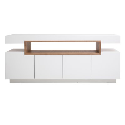 Buffet scandinave blanc laqué brillant et bois 4 portes L180 cm LIVO MILIBOO
