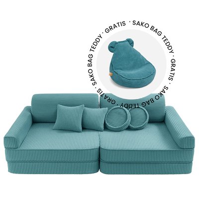 Canapé enfant modulable et pouf enfant turquoise – pack 2 en 1 MEOW BABY