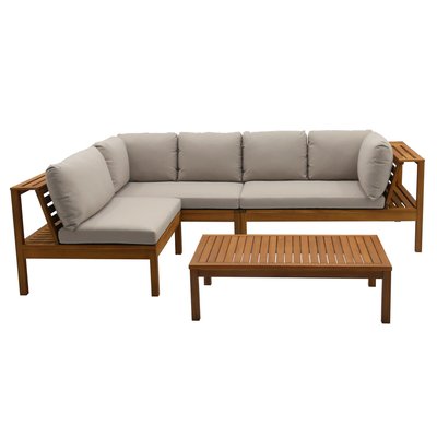 Salon de jardin d'angle 6 places en bois massif avec coussins déhoussables taupe BELIZE MILIBOO