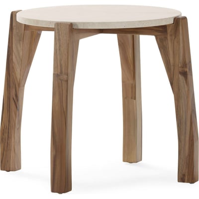 Table d'appoint ronde en teck et travertin RECOLLECTION