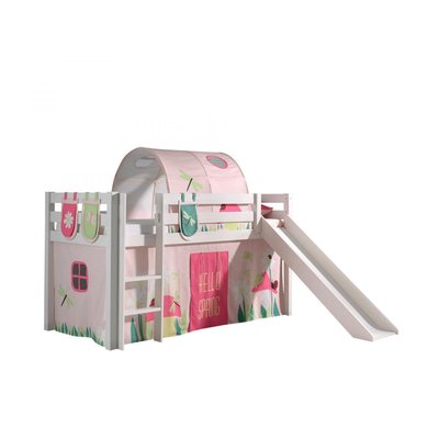 PINO Lit mezzanine avec toboggan + Rideau et tunnel de lit + 3 pochettes Spring VIPACK