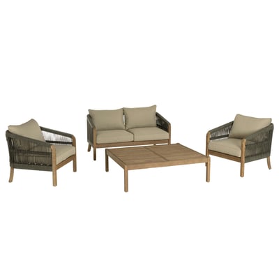 Salon détente 4 places acacia naturel et cordage vert avec coussins BAHIA PIER IMPORT