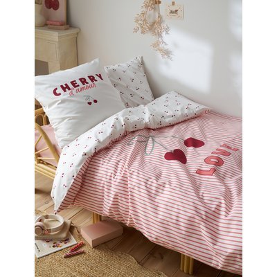 Parure housse de couette et taie d'oreiller CERISES RAYURES avec coton recyclé VERTBAUDET
