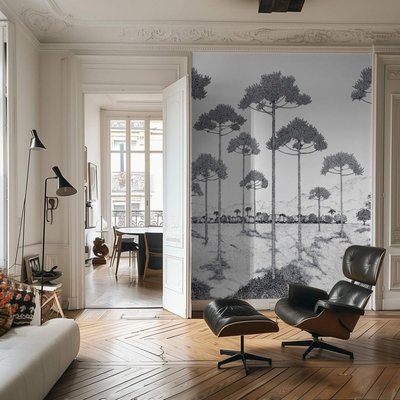 Papier peint noir et blanc avec paysage naturel avec arbres - 510x260 cm (l x h) LA TOUCHE ORIGINALE