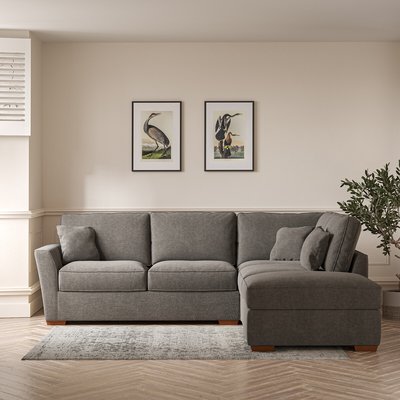 Florence Soft Brushed Corner Sofa & Modular Footstool Set with Dark Brown Wood Legs (Right Facing) SO'HOME