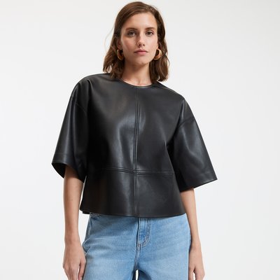 Blusa de piel de imitación, cuello redondo, mangas 3/4 LA REDOUTE COLLECTIONS
