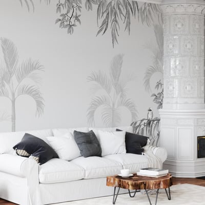 Papier peint panoramique noir et blanc jungle avec plantes et oiseaux - 170x260 cm (l x h) LA TOUCHE ORIGINALE