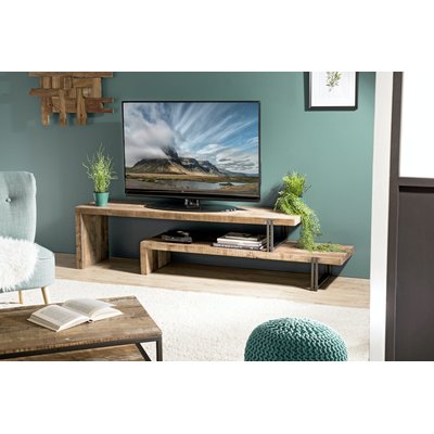 Meuble TV banc 160cm extensible teck recyclé et métal 2 plateaux style industriel SWING PIER IMPORT