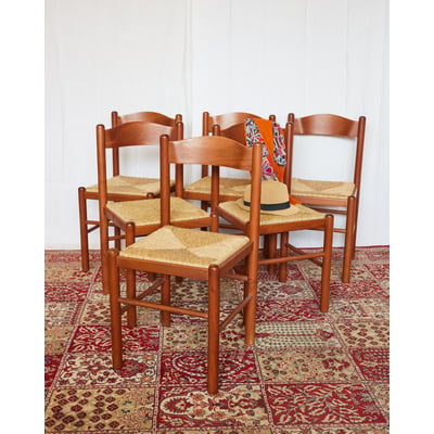 Lot de 6 chaises en bois ocre Claude N°1434 - Bon état DEBONGOUT